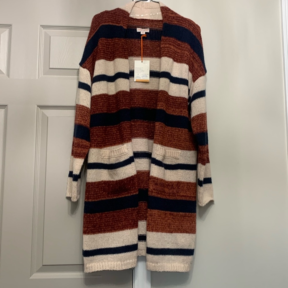 Knox rose long burnt orange and navy cardigan with pockets